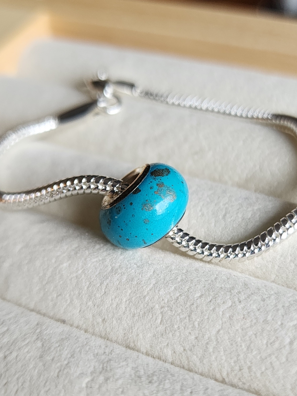 925 Sterling Silver Turquoise Blue Matte Charm Bead Gold Flecks